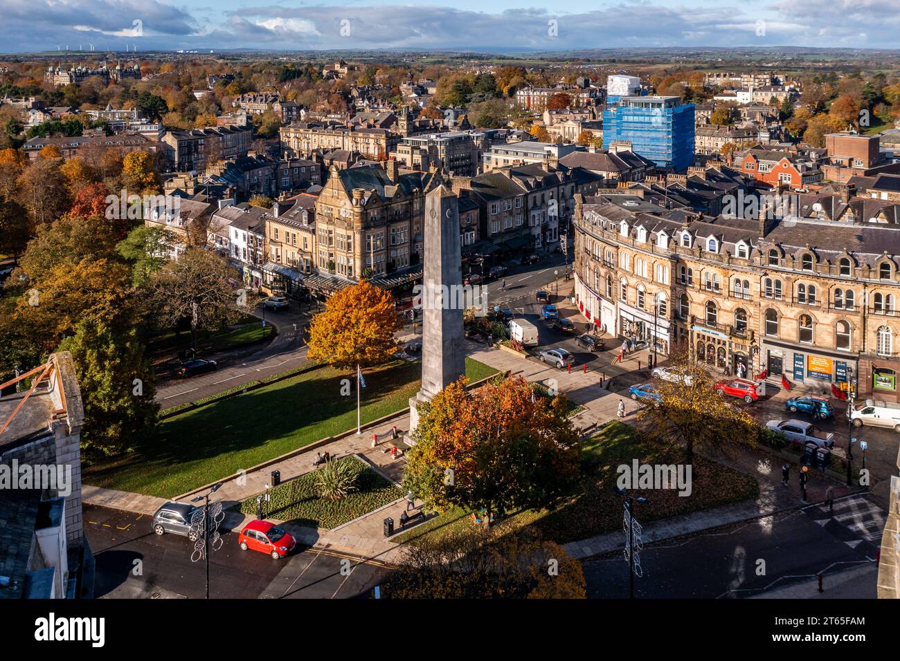 PROSPECT SQUARE, HARROGATE, UK NOVEMBER 7, 2023. An aerial cityscape