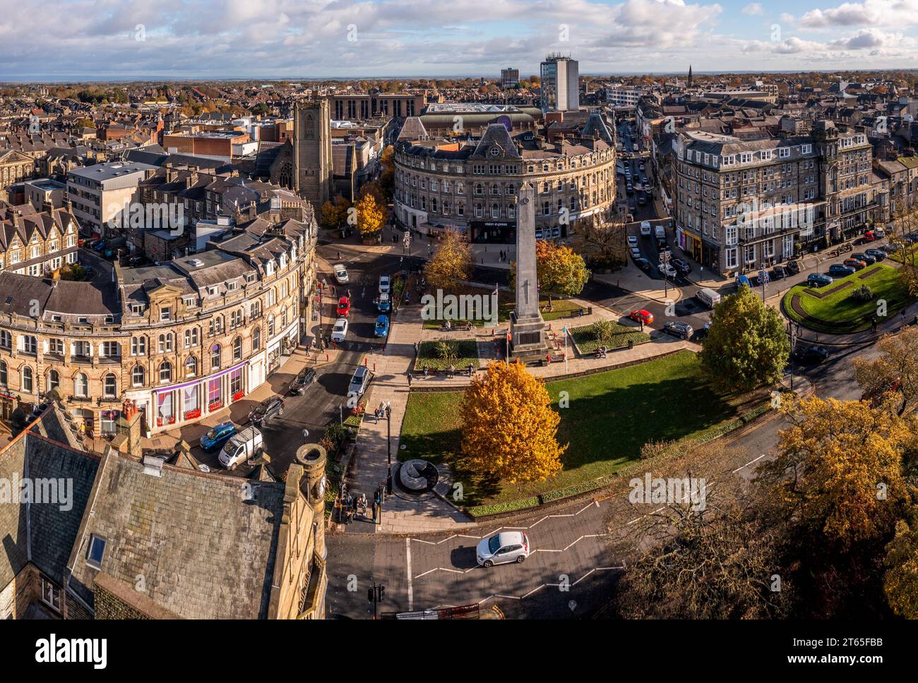 PROSPECT SQUARE, HARROGATE, UK NOVEMBER 7, 2023. An aerial cityscape