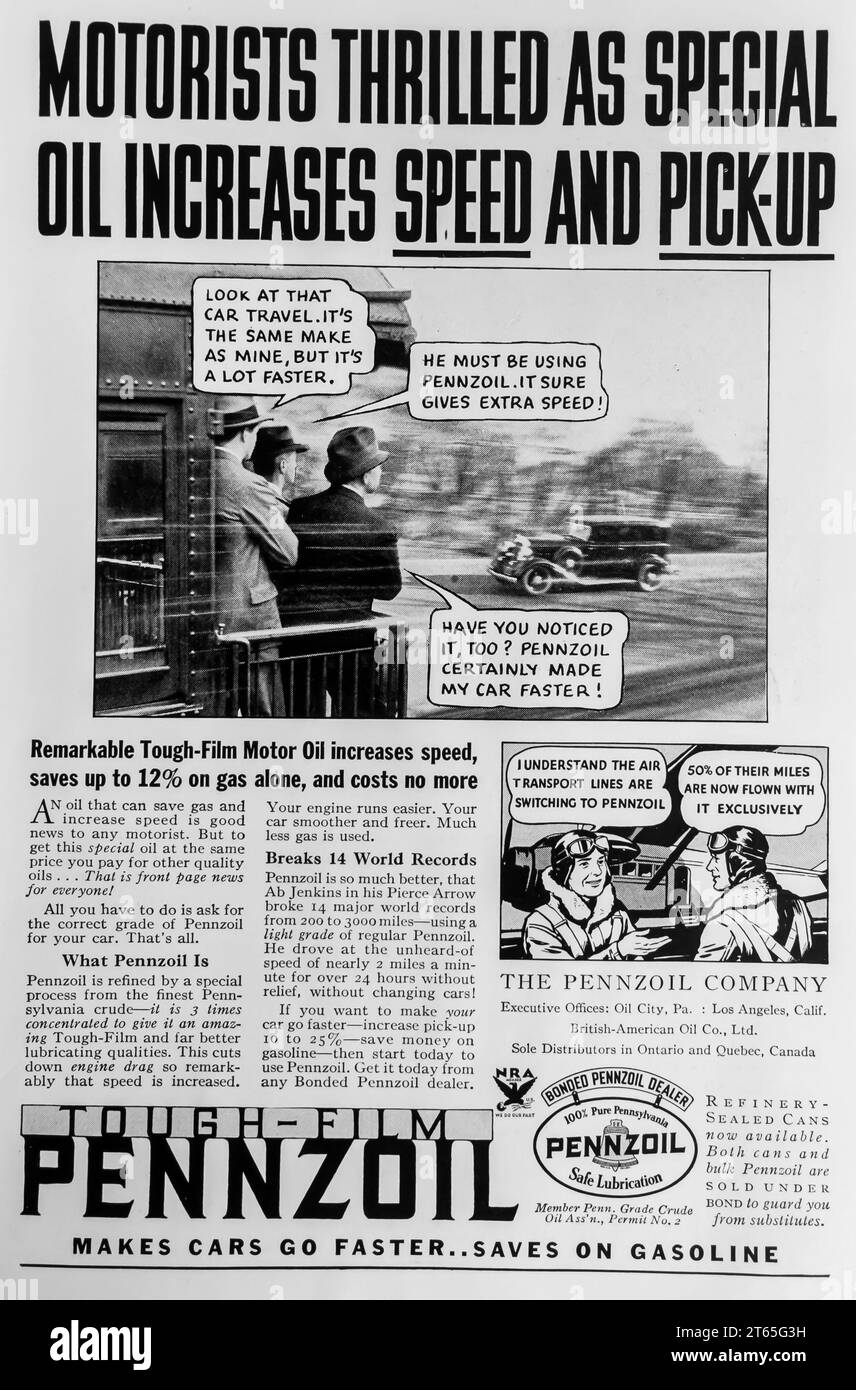 1934 Pennzoil tough-film motor oil ad Stock Photo