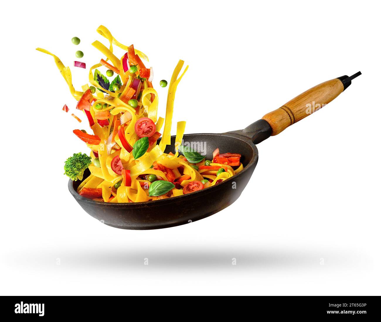 https://c8.alamy.com/comp/2T65G3P/cooking-italian-pasta-with-vegetables-flying-over-a-hot-frying-pan-isolated-in-white-the-concept-of-food-levitation-2T65G3P.jpg