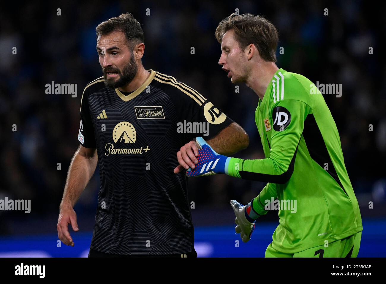 Naples, Italy. 08th Nov, 2023. Lucas Tousart and Frederik Ronnow of FC Union Berlin during the Champions League Group C football match between SSC Napoli and FC Union Berlin at Diego Armando Maradona stadium in Naples (Italy), November 8th, 2023. Credit: Insidefoto di andrea staccioli/Alamy Live News Stock Photo