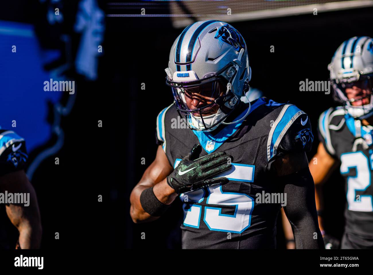 Charlotte, NC, USA. 5th Nov, 2023. Carolina Panthers safety Xavier Woods (25) comes out for the NFL matchup against the Indianapolis Colts in Charlotte, NC. (Scott Kinser/Cal Sport Media). Credit: csm/Alamy Live News Stock Photo
