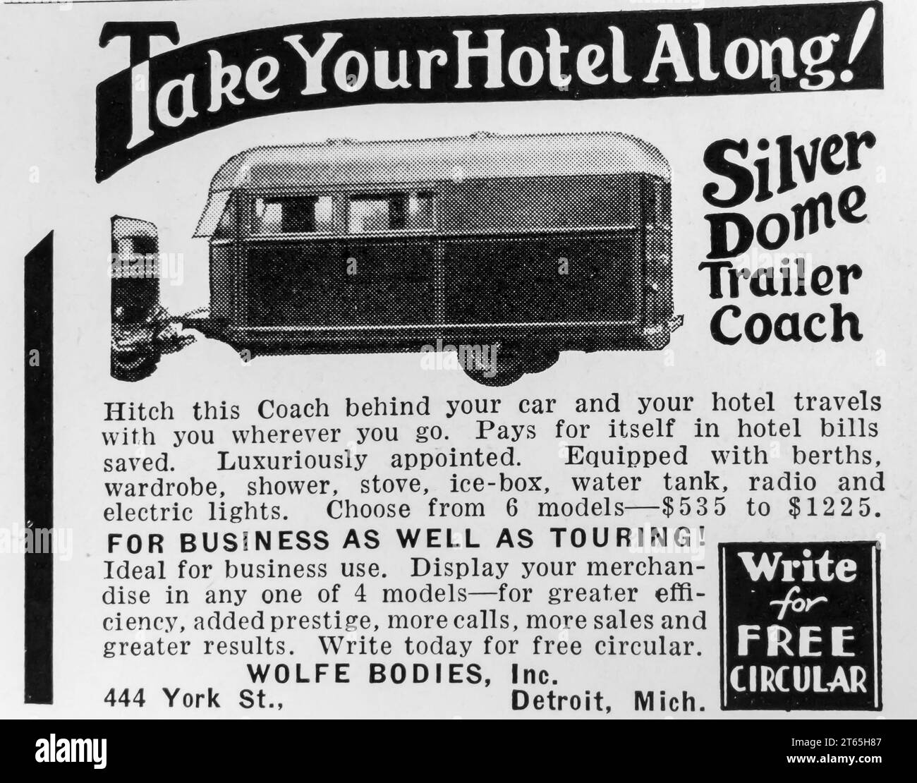 1934 Silver dome trailer coach ad. Wolfe Bodies Inc Detroit Michigan Stock Photo