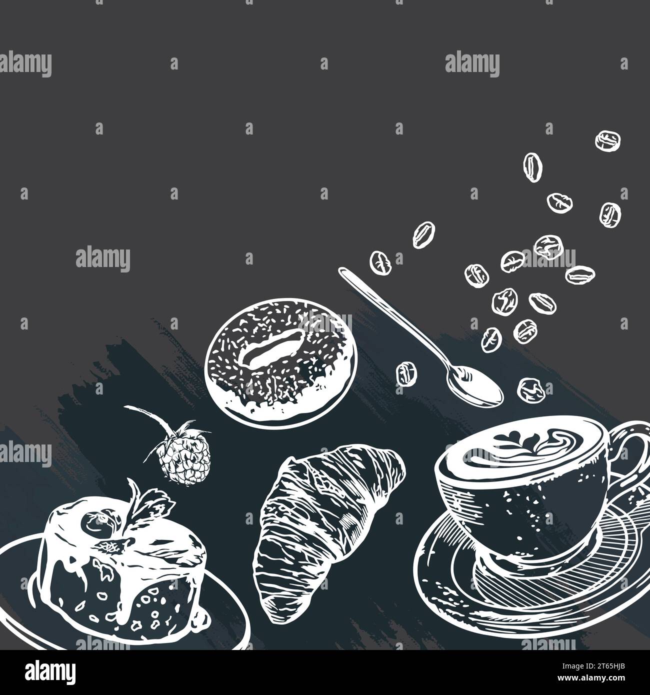 Cup of coffee, croissant, donut, cake on a black background. Vector