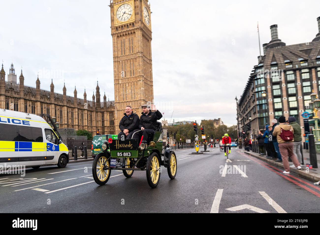 1901 Waverley electric car participating in the London to Brighton veteran car run, vintage motoring event passing through Westminster, London, UK Stock Photo