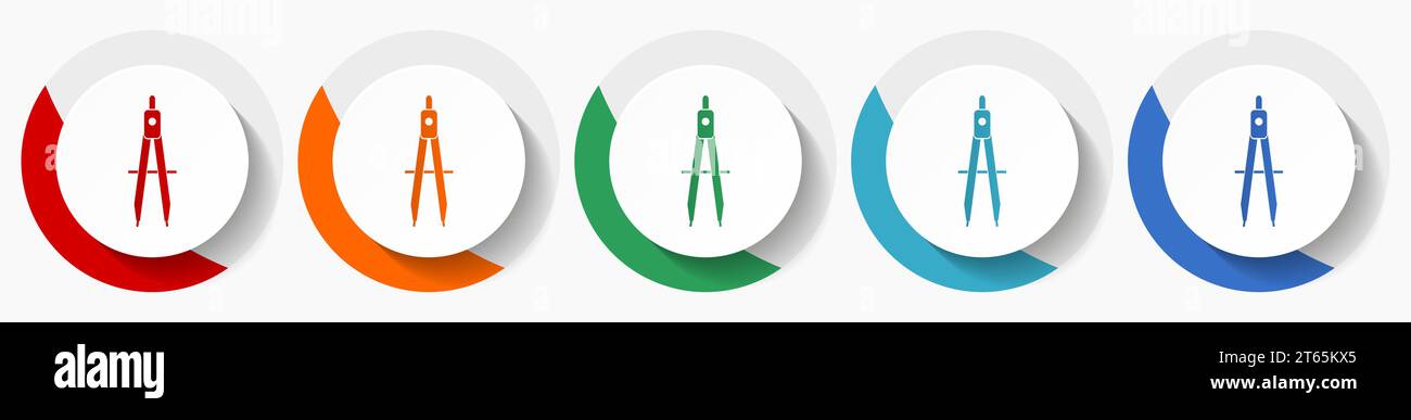 Geometry, education vector icon set, flat design colorful round icons in 5 color options for webdesign and mobile applications Stock Vector