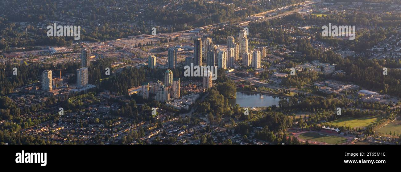Coquitlam Town Centre aerial city. Sunny Evening. Greater Vancouver, BC, Canada Stock Photo