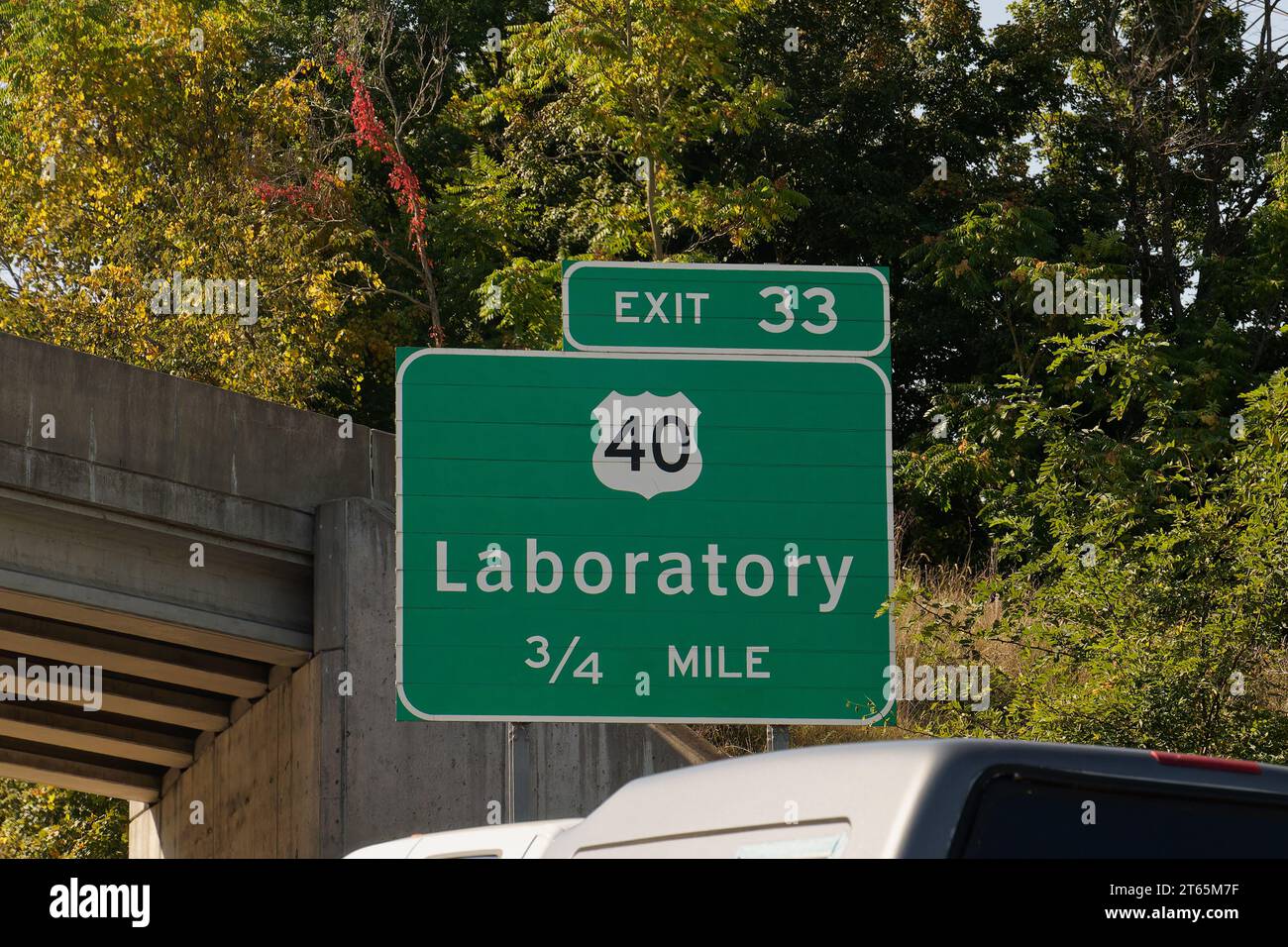Sign for Exit 33 on Interstate 79 for US 40, Laboratory, Pennsylvania. The unusually named town is in Washington County in southwestern PA. Stock Photo