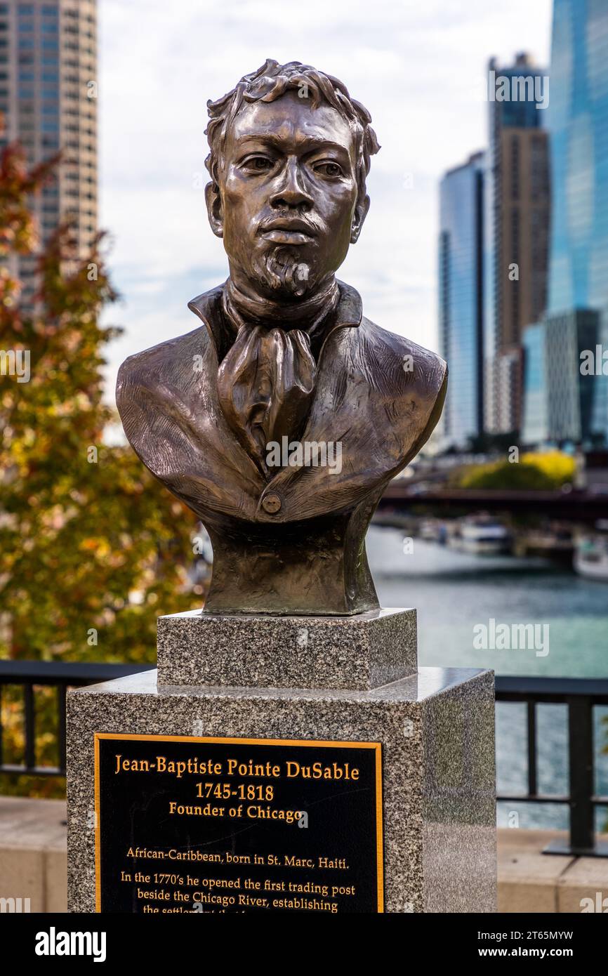 Monument to the founder of Chicago, Jean-Baptiste Pointe DuSable  on the DuSable Bridge. Chicago, United States Stock Photo