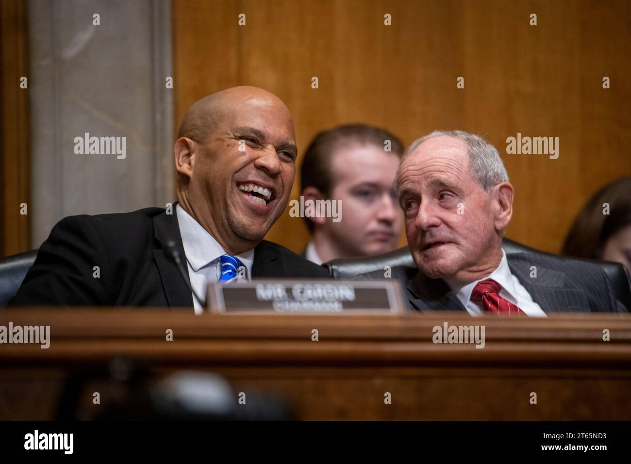 United States Senator Cory Booker (Democrat of New Jersey), left, chats with United States Senator Jim Risch (Republican of Idaho), Ranking Member, US Senate Committee on Foreign Relations, during a Senate Committee on Foreign Relations hearing to examine U.S. national security interests in Ukraine, in the Dirksen Senate Office Building in Washington, DC, Wednesday, November 8, 2023. Credit: Rod Lamkey/CNP /MediaPunch Stock Photo