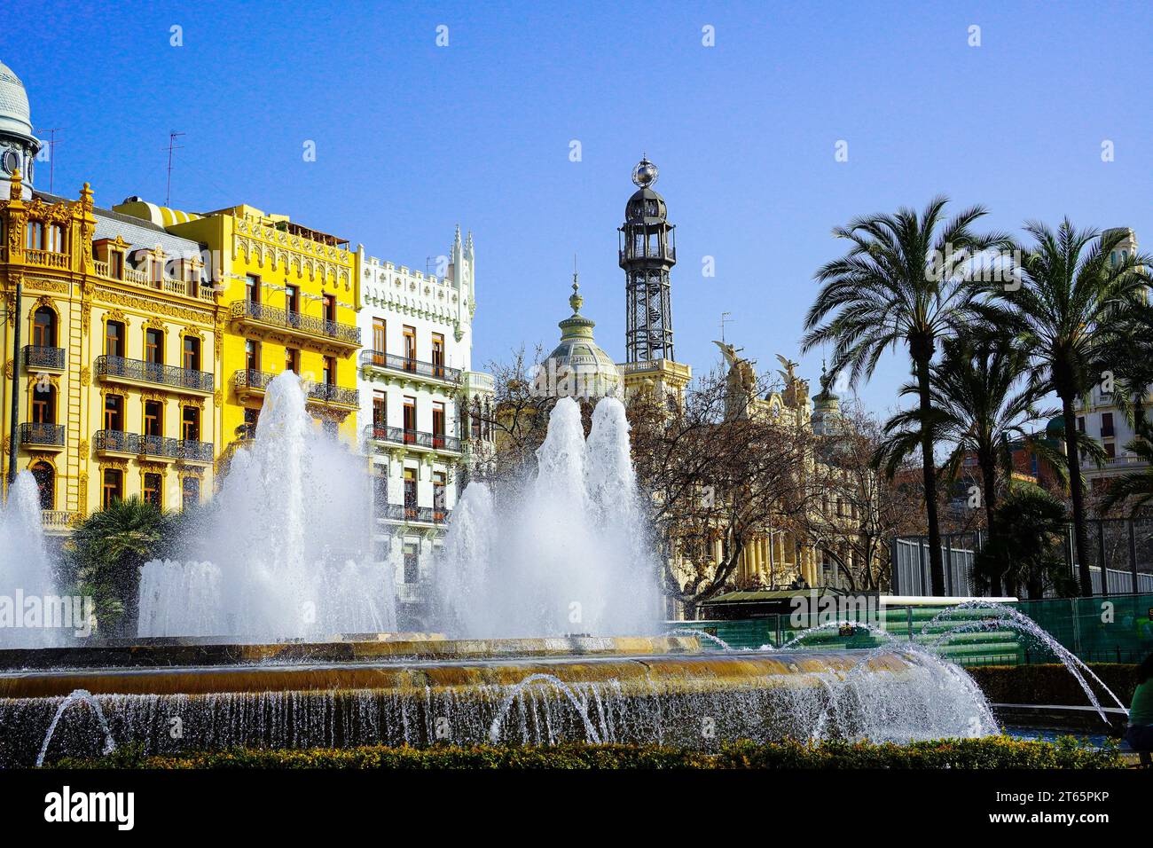 Fountain at Valencia's Town Hall Square in Spain,  Plaza del Ayuntamiento Stock Photo