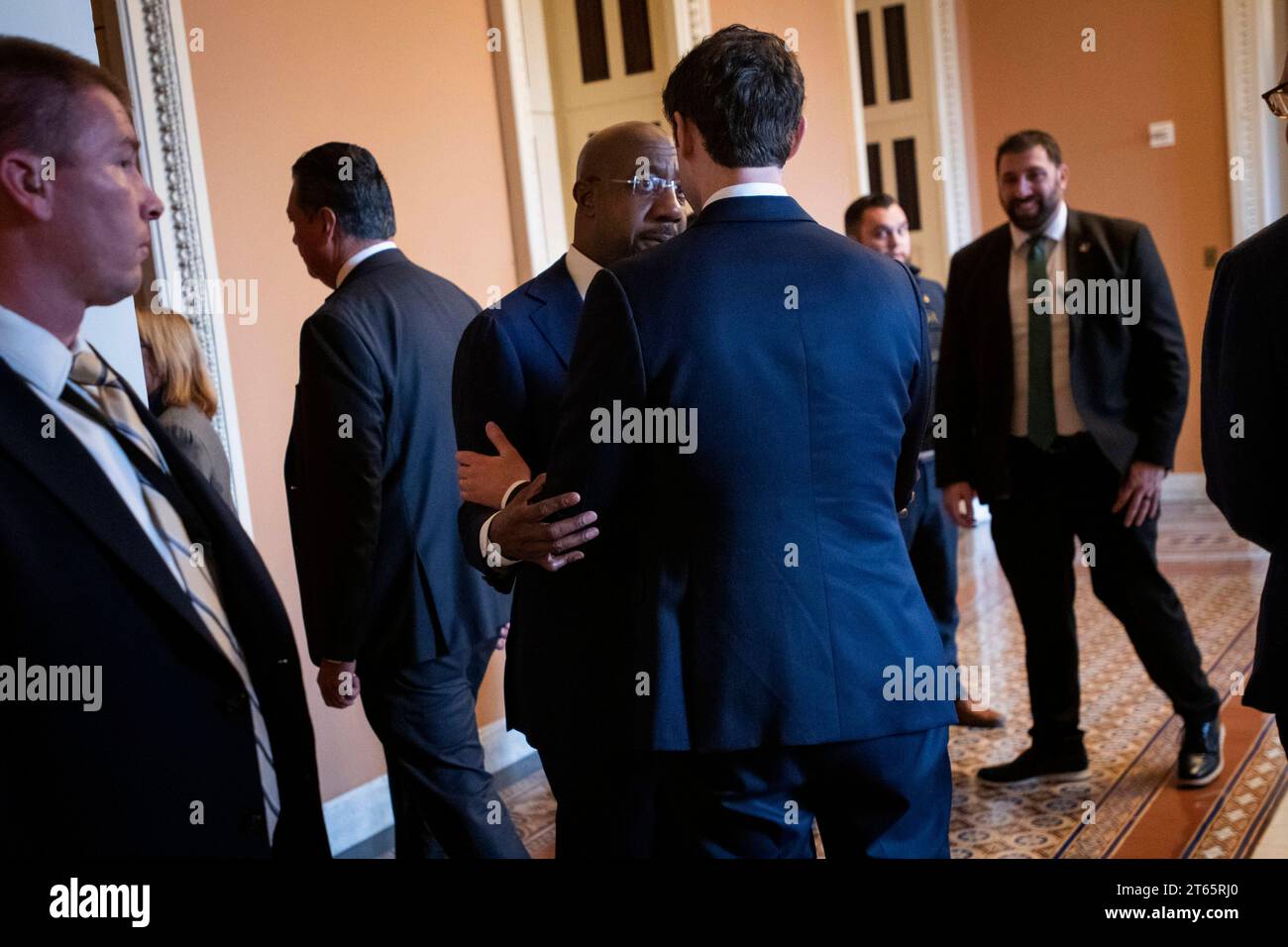 United States Senator Raphael G. Warnock Democrat of Georgia, left, and United States Senator Jon Ossoff Democrat of Georgia talk outside the Senate Democrat policy luncheon, at the US Capitol in Washington, DC, Tuesday, November 7, 2023. Copyright: xRodxLamkeyx/xCNPx/MediaPunchx Stock Photo