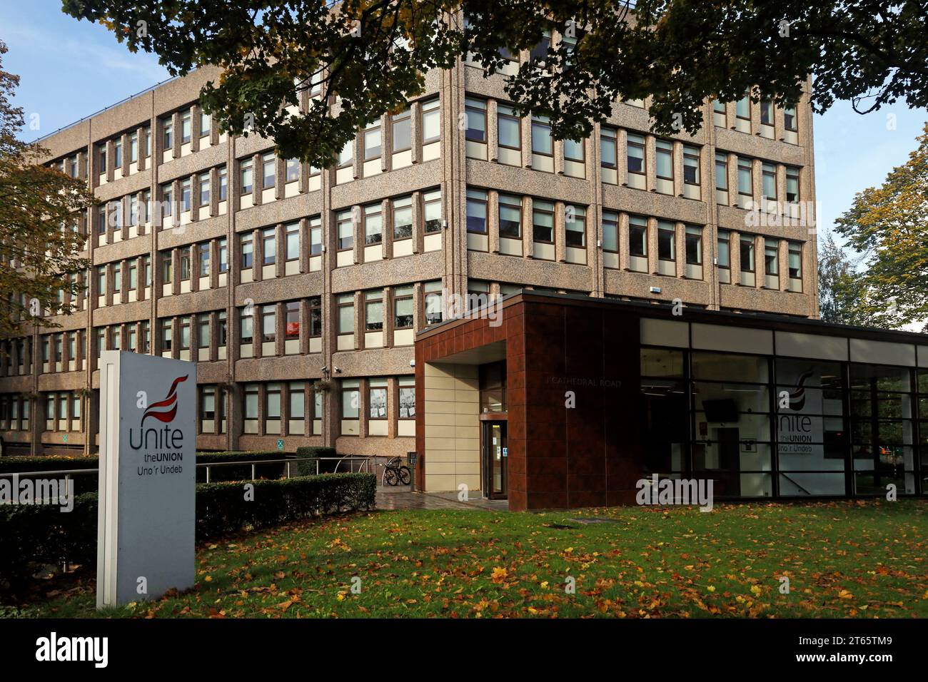 UNITE headquarters on the corner of Cathedral Road and Cowbriddge Road East. Taken November 2023. Autumn Stock Photo