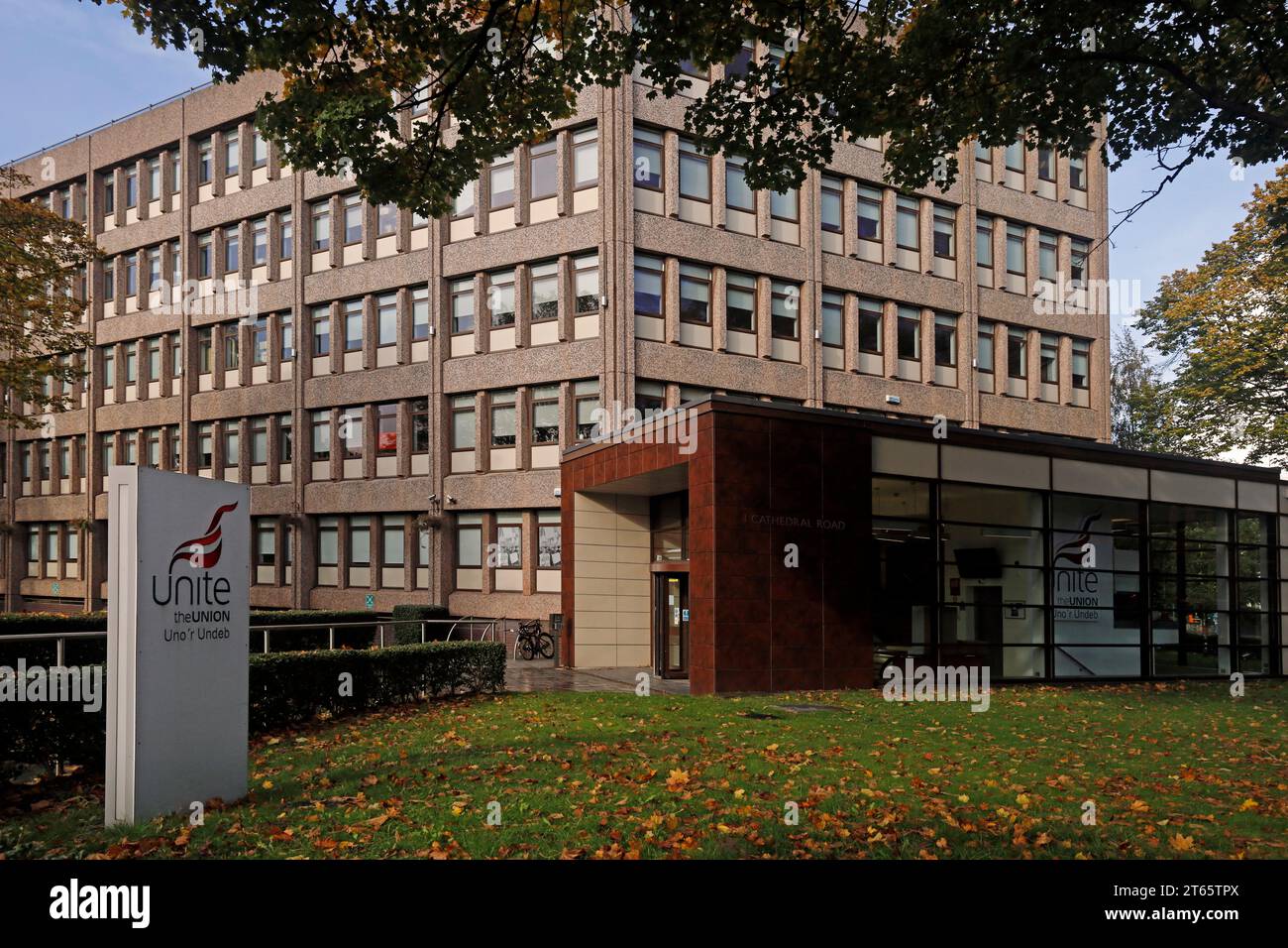 UNITE headquarters on the corner of Cathedral Road and Cowbriddge Road East. Taken November 2023. Autumn Stock Photo