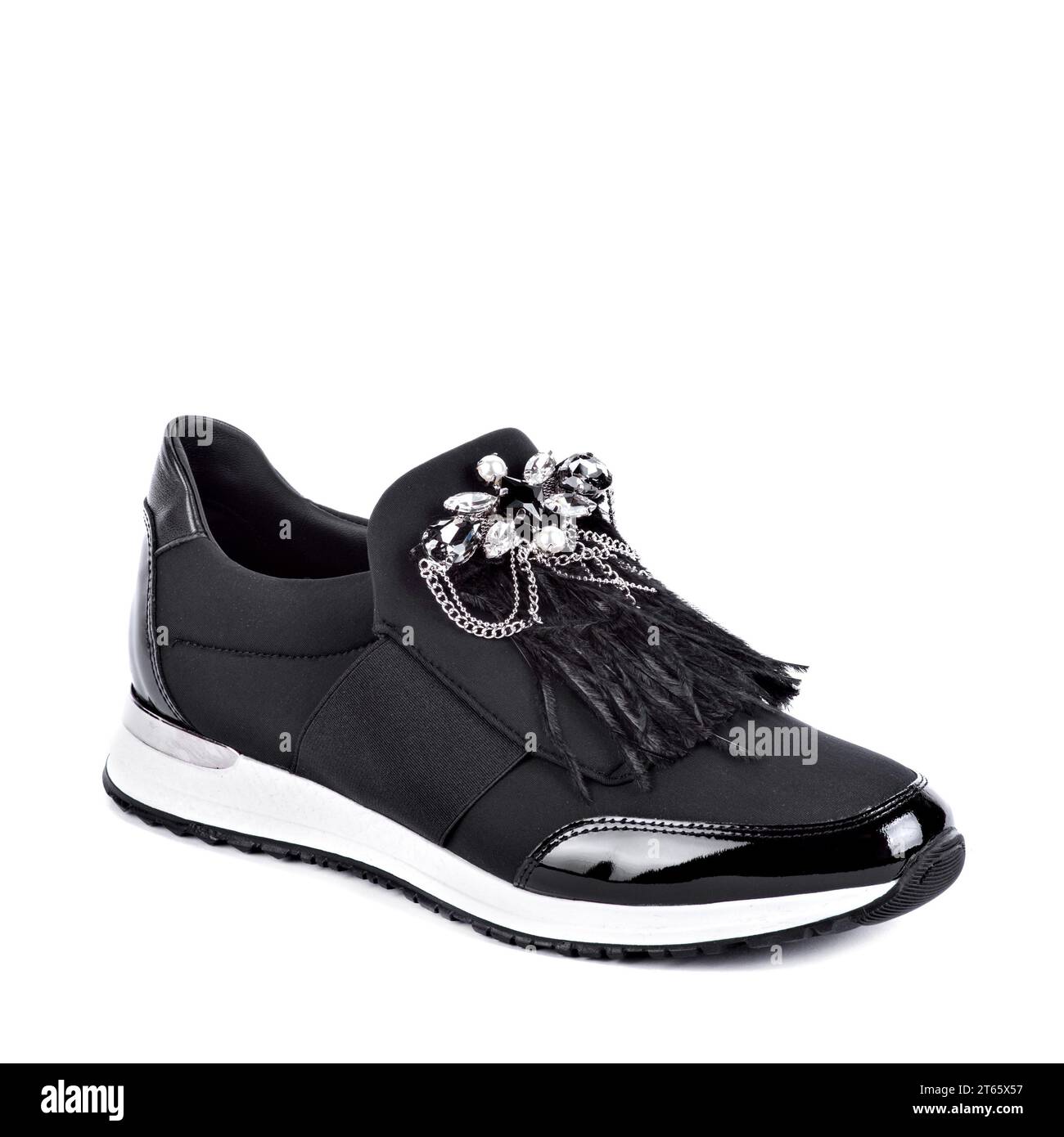 Bold dark blue female nonlacing shoe with an extravagant decorative