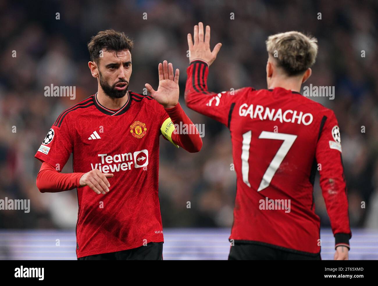 Manchester United's Bruno Fernandes (left) and Alejandro Garnacho during the UEFA Champions League Group A match at the Parken Stadium, Copenhagen. Picture date: Wednesday November 8, 2023. Stock Photo