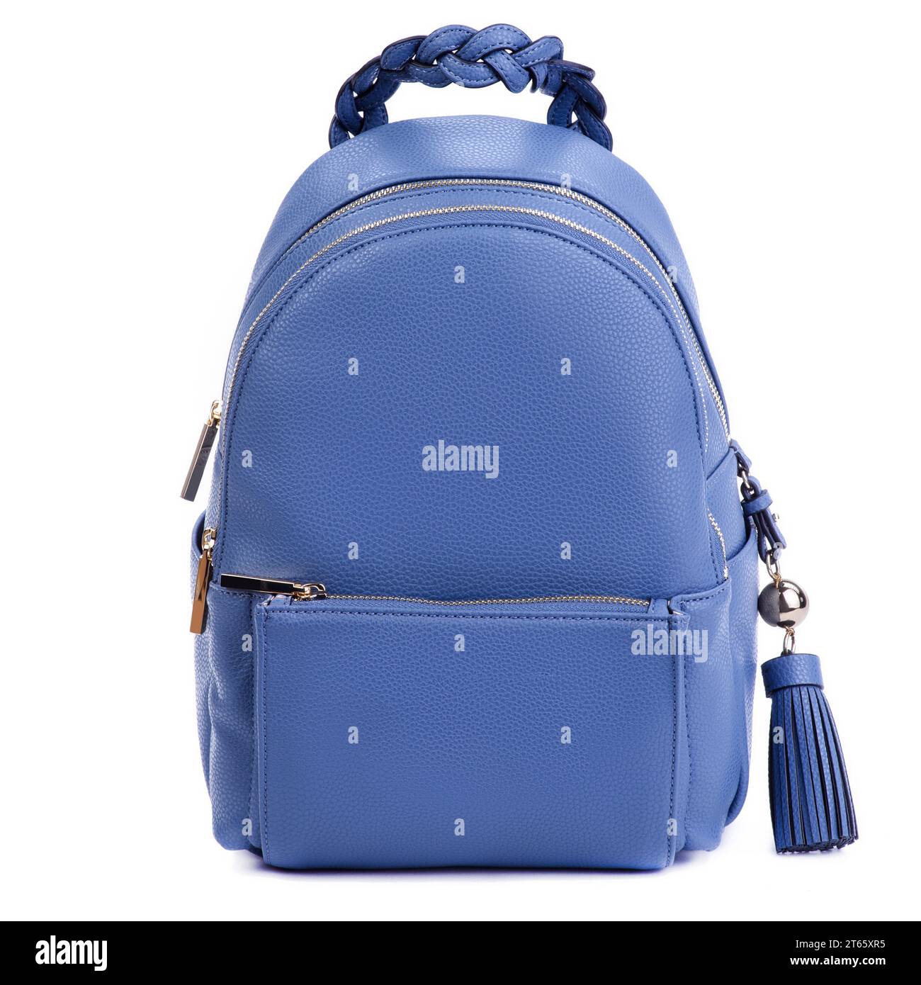 Stylish royal blue leather backpack with two zipped compartments and a pocket with an original braided handle isolated on a white background. Mock-up Stock Photo