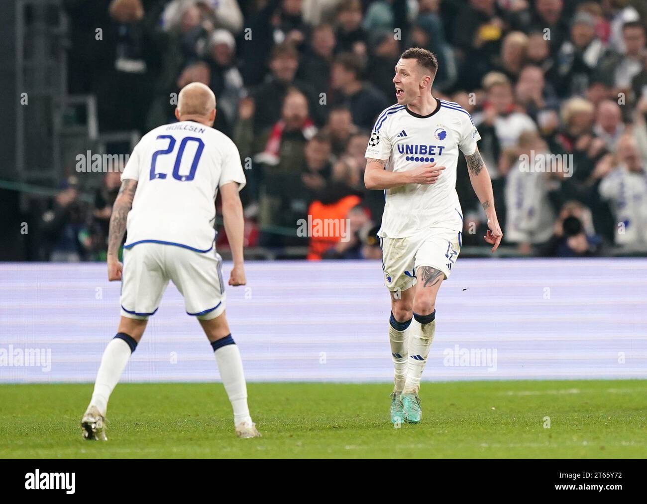 Copenhagen's Lukas Lerager celebrates scoring their side's third goal of the game during the UEFA Champions League Group A match at the Parken Stadium, Copenhagen. Picture date: Wednesday November 8, 2023. Stock Photo