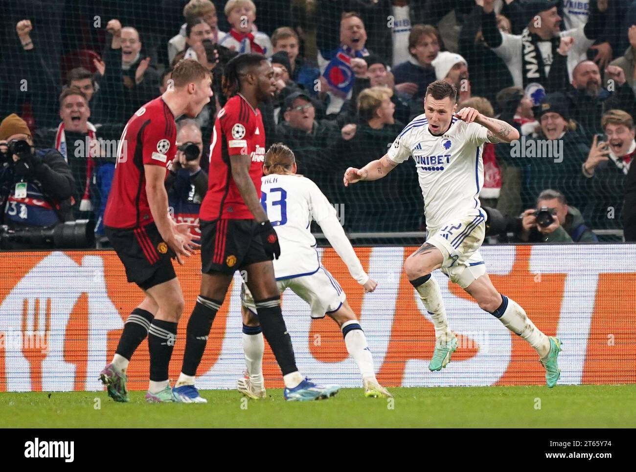 Copenhagen's Lukas Lerager celebrates scoring their side's third goal of the game during the UEFA Champions League Group A match at the Parken Stadium, Copenhagen. Picture date: Wednesday November 8, 2023. Stock Photo