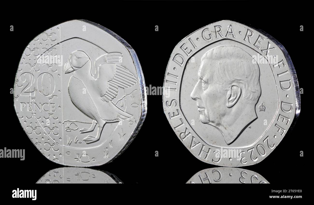 The Puffin 20p design, that has been released as part of King Charles III Definitive coin set which will enter general circulation by the end of 2023 Stock Photo