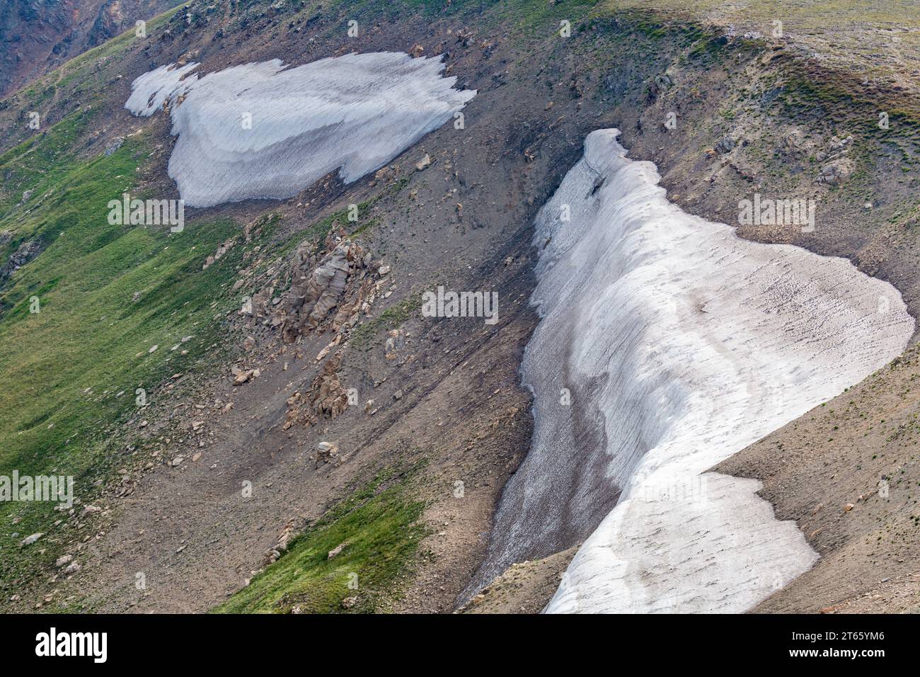 Snow and ice remains along the ridge of mountain tops in August at Rocky Mountain National Park in Colorado Stock Photo