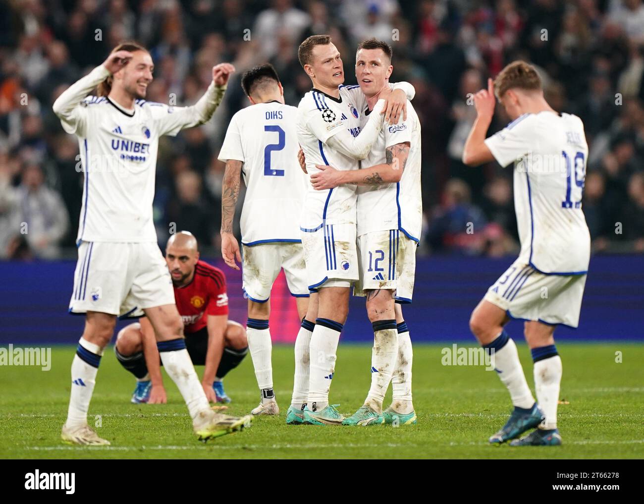 Copenhagen's Viktor Claesson (centre left), Lukas Lerager (centre right) and team-mates celebrate victory following the UEFA Champions League Group A match at the Parken Stadium, Copenhagen. Picture date: Wednesday November 8, 2023. Stock Photo
