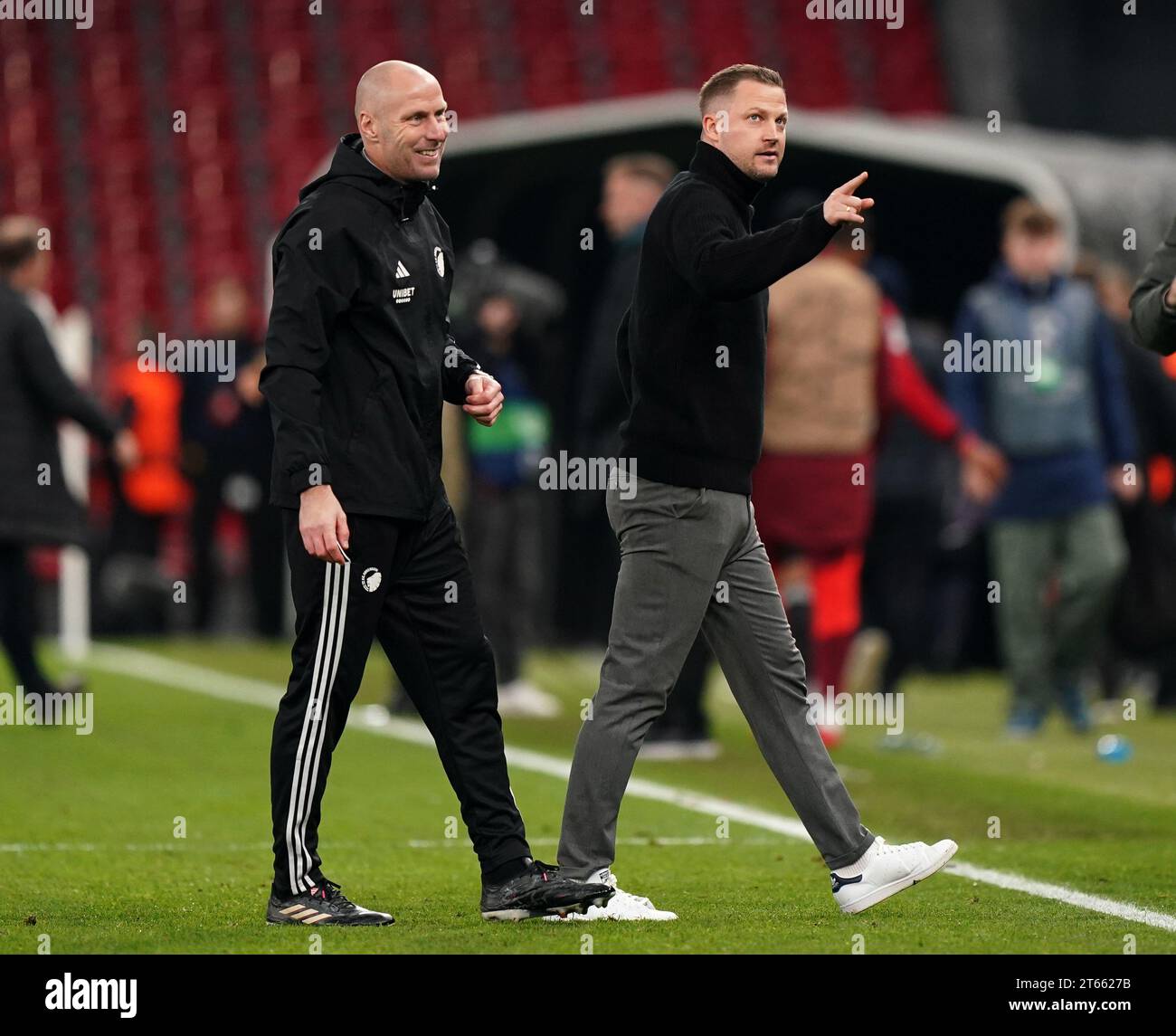 Copenhagen manager Jacob Neestrup (right) after victory following the UEFA Champions League Group A match at the Parken Stadium, Copenhagen. Picture date: Wednesday November 8, 2023. Stock Photo