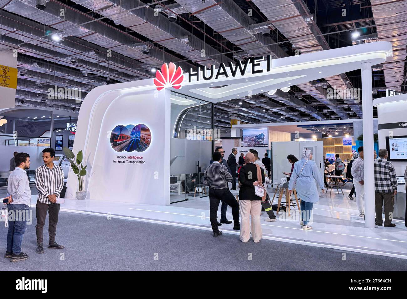 (231108) -- CAIRO, Nov. 8, 2023 (Xinhua) -- People visit the booth of Chinese tech giant Huawei during the Smart Transport, Logistics, Infrastructure, and Traffic Fair for the Middle East and Africa in Cairo, Egypt, on Nov. 7, 2023. Egypt's international transportation exhibition has witnessed enthusiastic participation from Chinese companies, which are eager to take part in the transport development in the Middle East, especially in Egypt. The fifth Smart Transport, Logistics, Infrastructure, and Traffic Fair and Forum for the Middle East and Africa was held in New Cairo from Nov. 5 to 8 with Stock Photo