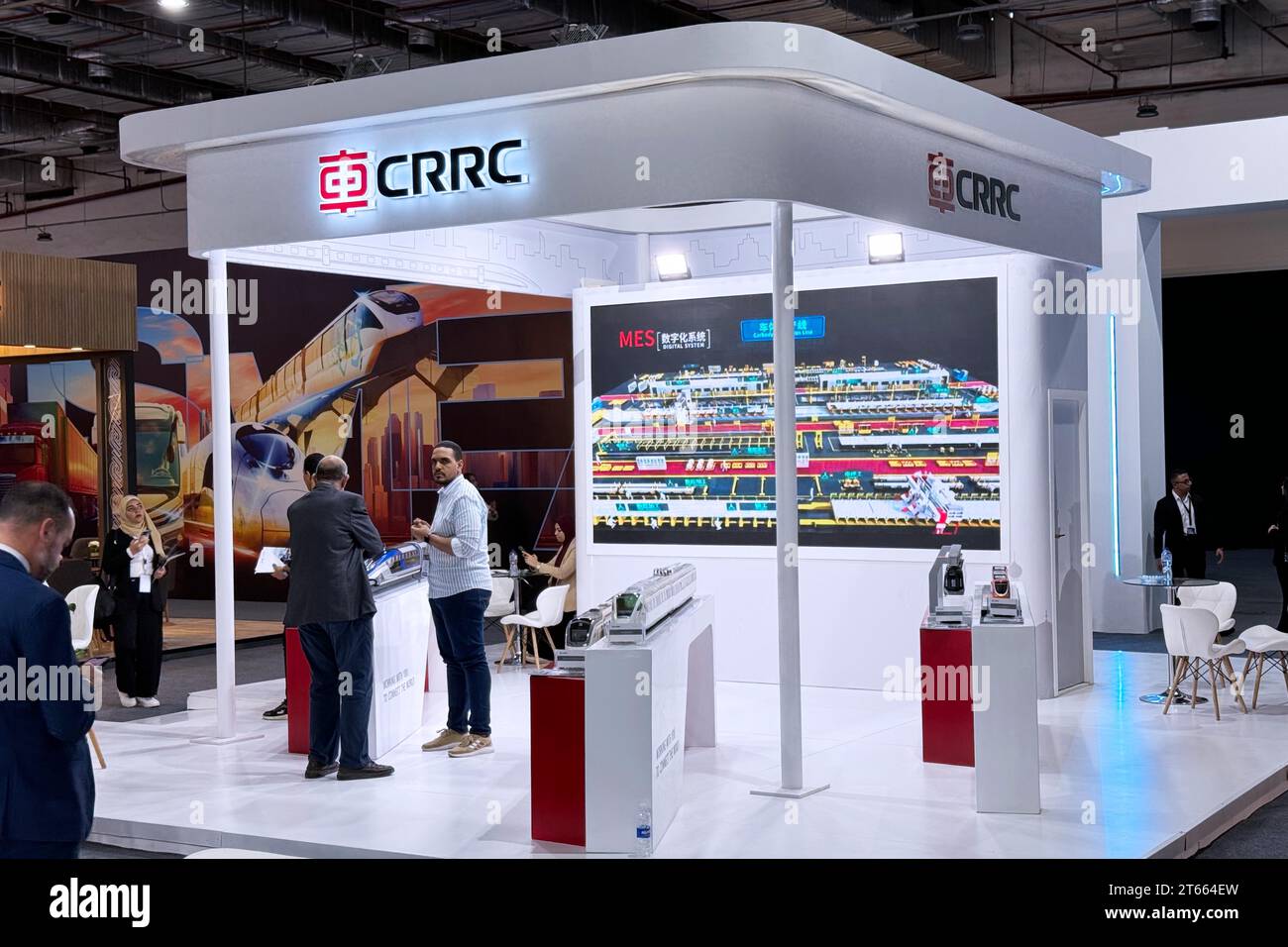 (231108) -- CAIRO, Nov. 8, 2023 (Xinhua) -- People visit the booth of China's leading train manufacturer CRRC during the Smart Transport, Logistics, Infrastructure, and Traffic Fair for the Middle East and Africa in Cairo, Egypt, on Nov. 7, 2023. Egypt's international transportation exhibition has witnessed enthusiastic participation from Chinese companies, which are eager to take part in the transport development in the Middle East, especially in Egypt. The fifth Smart Transport, Logistics, Infrastructure, and Traffic Fair and Forum for the Middle East and Africa was held in New Cairo from No Stock Photo