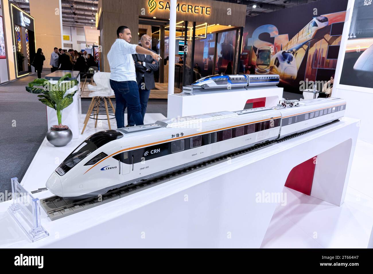 (231108) -- CAIRO, Nov. 8, 2023 (Xinhua) -- A model of China's high-speed train is exhibited at the Smart Transport, Logistics, Infrastructure, and Traffic Fair for the Middle East and Africa in Cairo, Egypt, on Nov. 7, 2023. Egypt's international transportation exhibition has witnessed enthusiastic participation from Chinese companies, which are eager to take part in the transport development in the Middle East, especially in Egypt. The fifth Smart Transport, Logistics, Infrastructure, and Traffic Fair and Forum for the Middle East and Africa was held in New Cairo from Nov. 5 to 8 with the sp Stock Photo