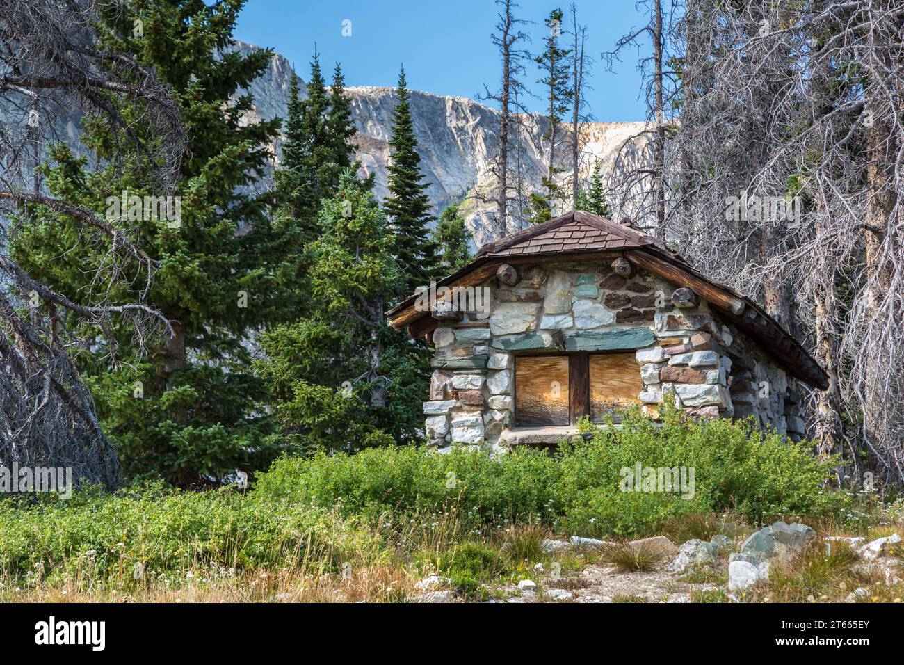 Old boarded up stone cabin nestled between the pine trees near Mirror