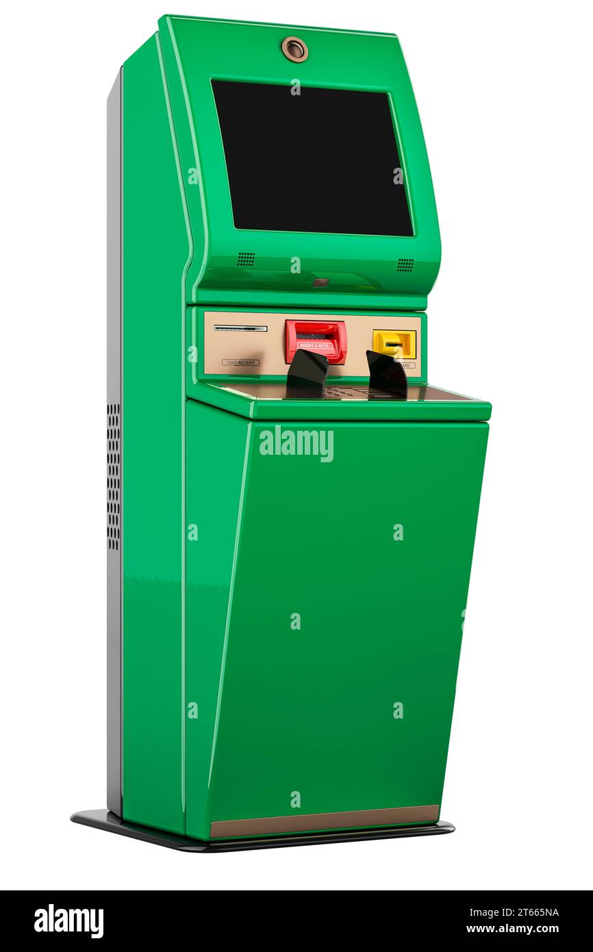 Digital touchscreen terminal. Financial services kiosk, 3D rendering ...