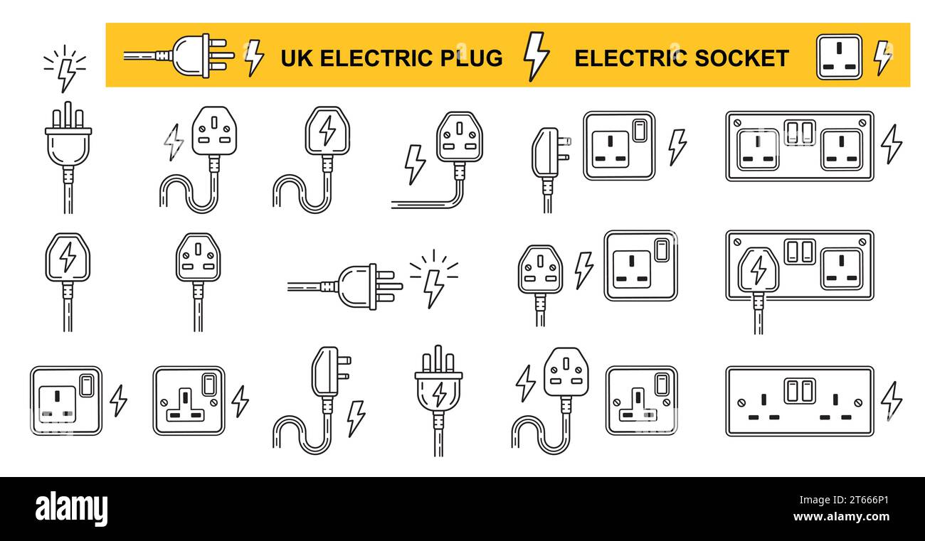 UK electric plug socket, british electrical power outlet, electro equipment wire line icon set. English three pin ac cable. Electricity energy. Vector Stock Vector