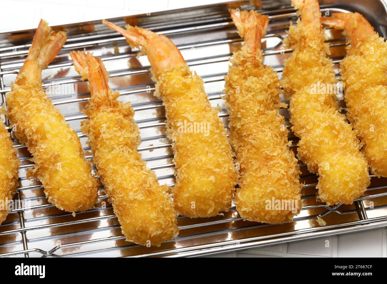 Ebi fry (Japanese fried shrimp), freshly fried. Japanese Ebi Fry is shrimp that has been peeled, coated in flour, dipped in egg batter, then breaded a Stock Photo