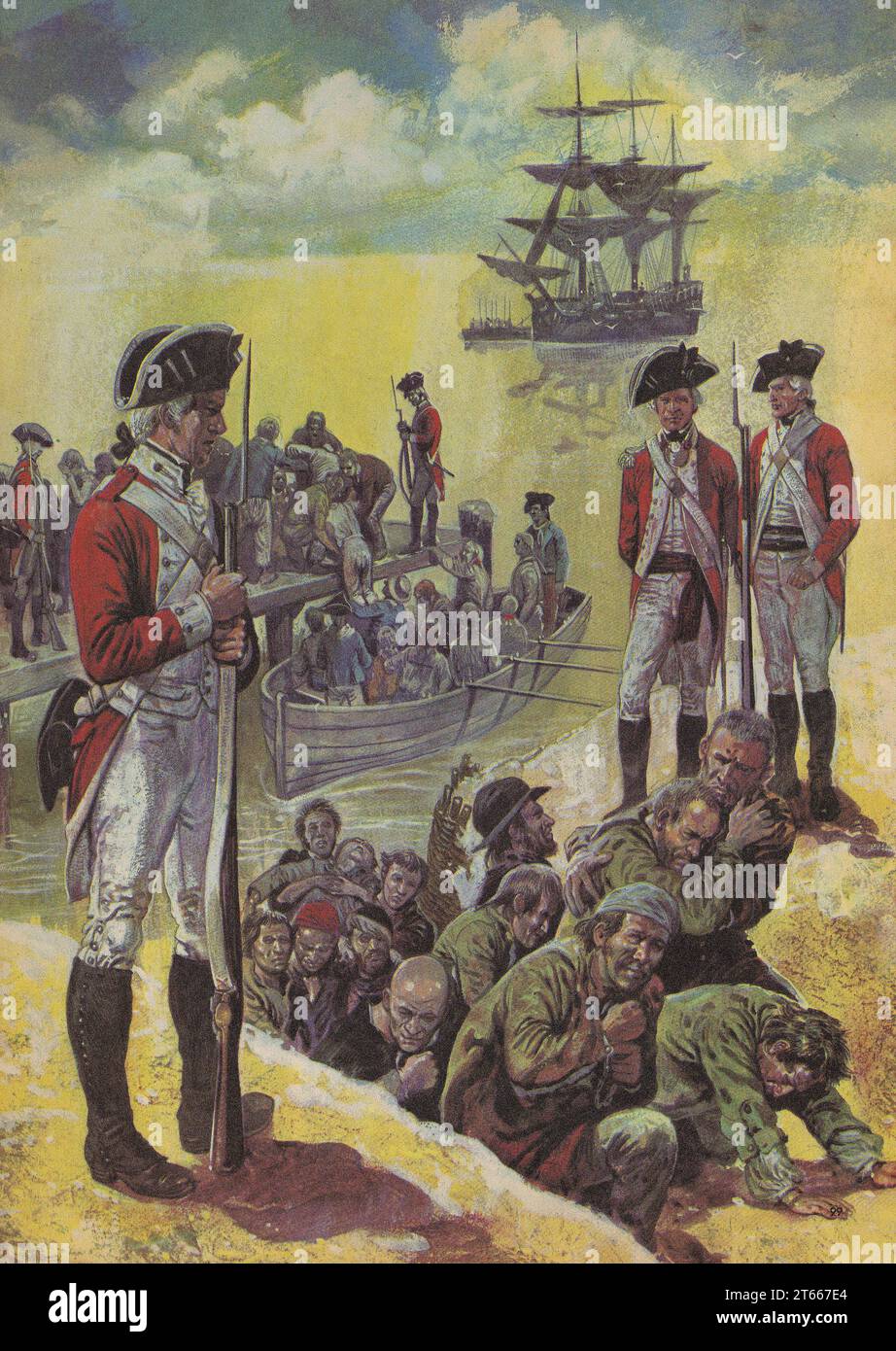 Artist (unknown) impression of the miserable remnants of the Second Fleet go ashore at Sydney Cove, over a quarter of the convicts died on the voyage. Stock Photo