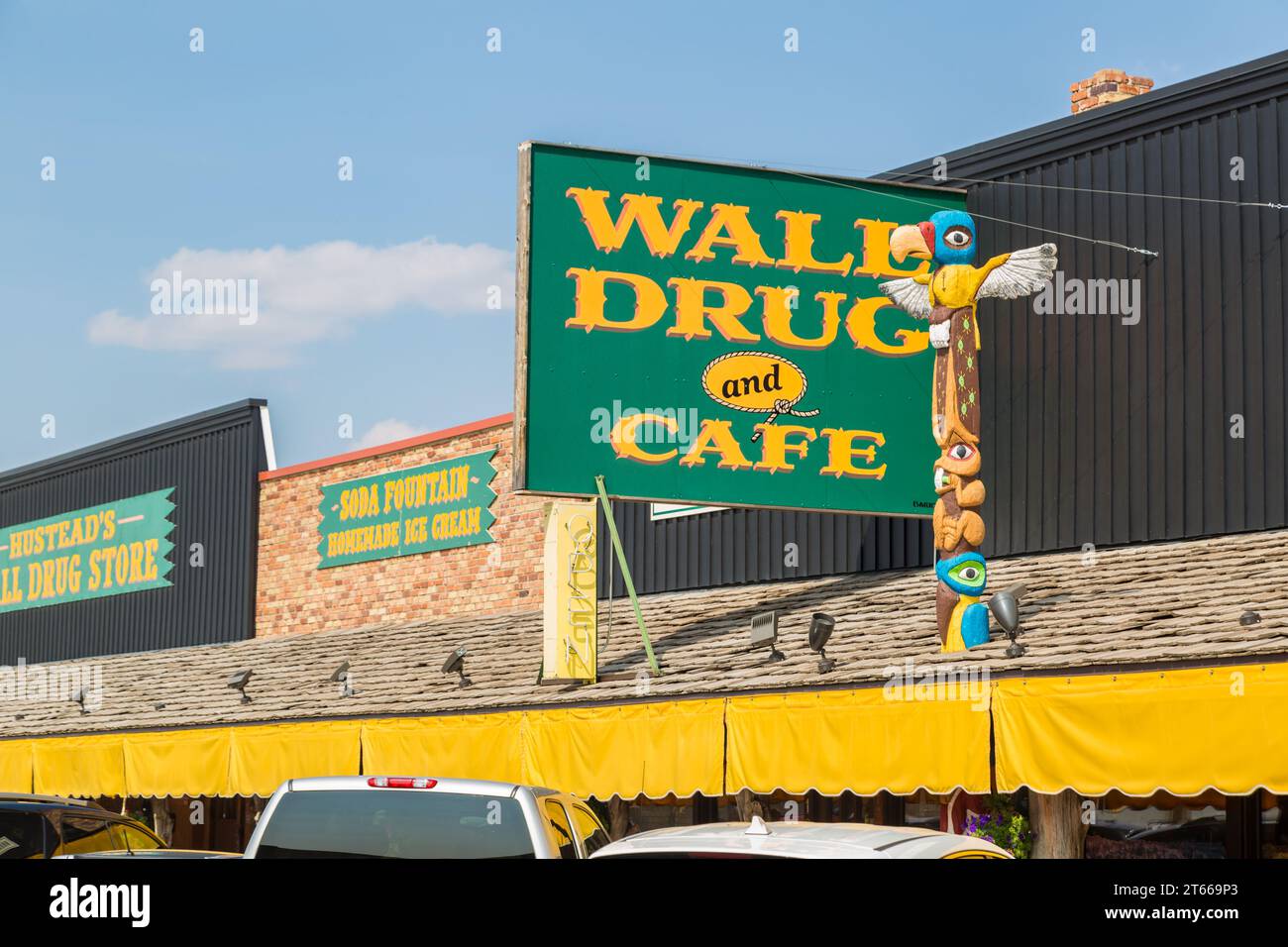Storefront sign for historic Wall Drug Store in Wall, South Dakota, USA Stock Photo