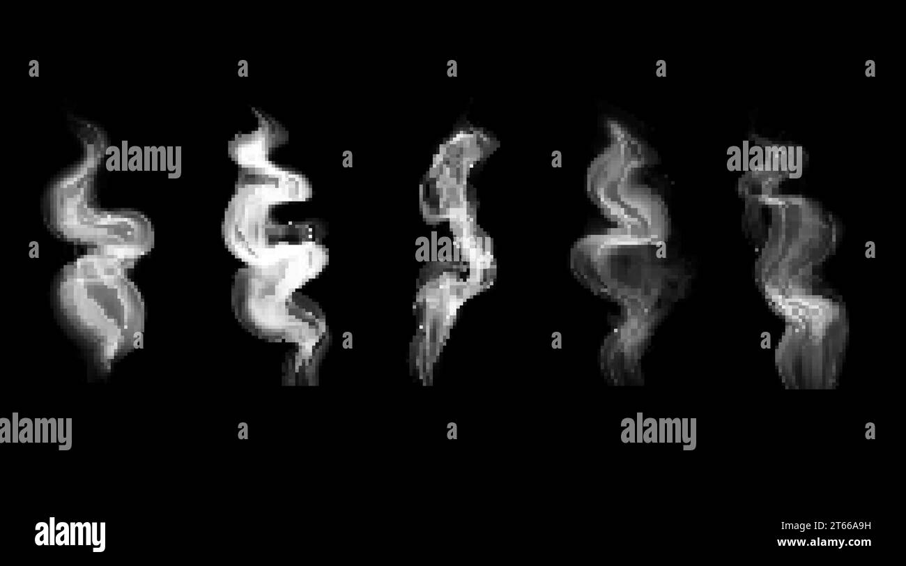 Set of vector realistic swirling hookah smoke. Design elements with white translucent steam isolated on black background Stock Vector