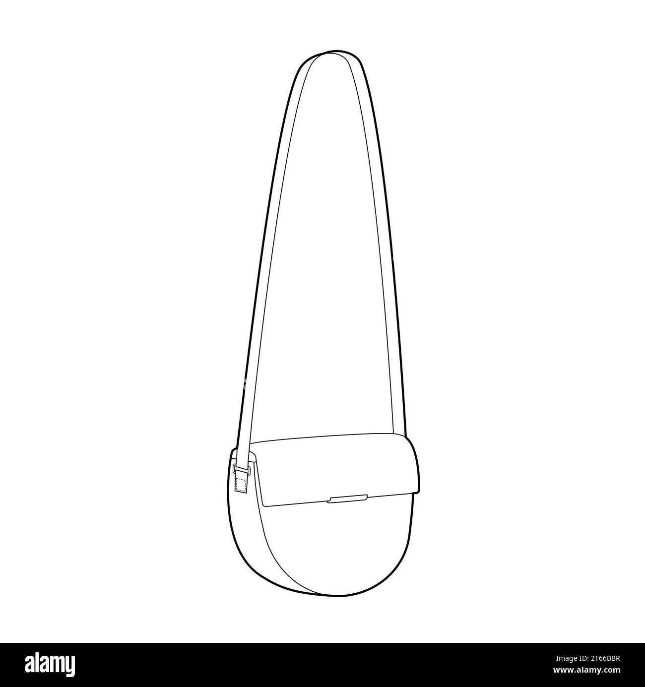 Saddle Cross-Body Bag with curved lines. Fashion accessory technical illustration. Vector satchel front 3-4 view for Men, women, unisex style, flat handbag CAD mockup sketch outline isolated Stock Vector