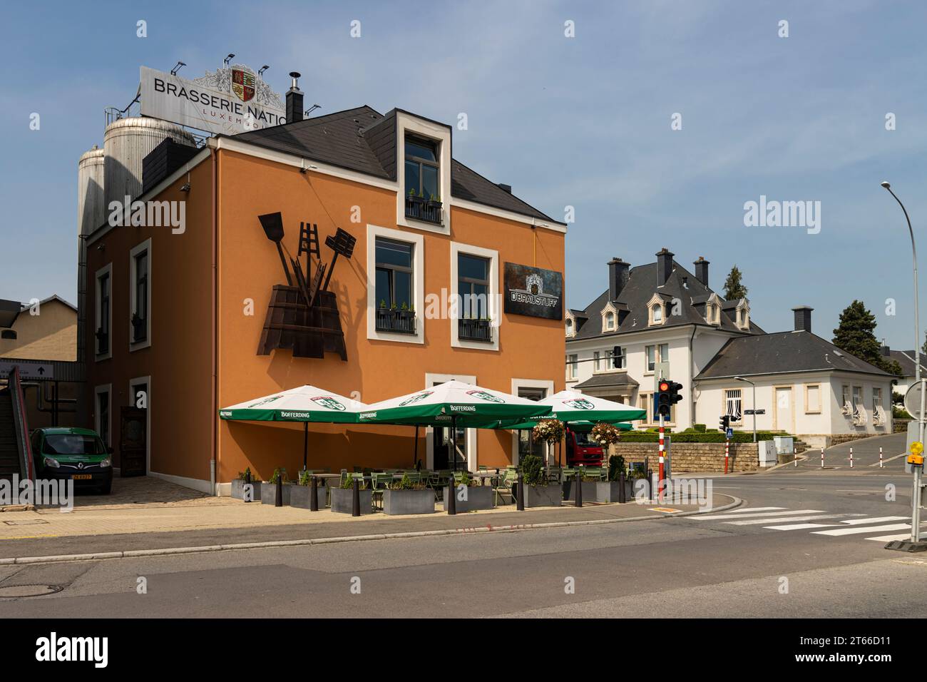 Brasserie D´Braustuff restaurant and brewery, featuring beers produced by the Brasserie Nationale. Stock Photo