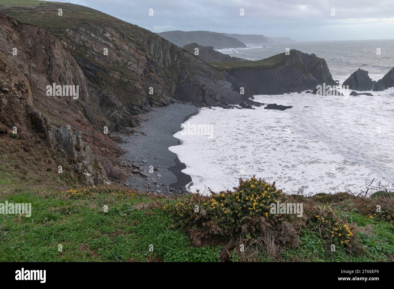Looking dowm on a grey shale beach on a craggy winter seascape Stock Photo
