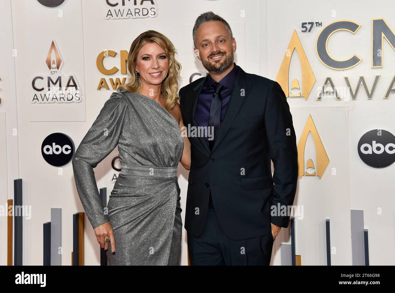 Laura Bargatze, left, and Nate Bargatze arrive at the 57th Annual CMA