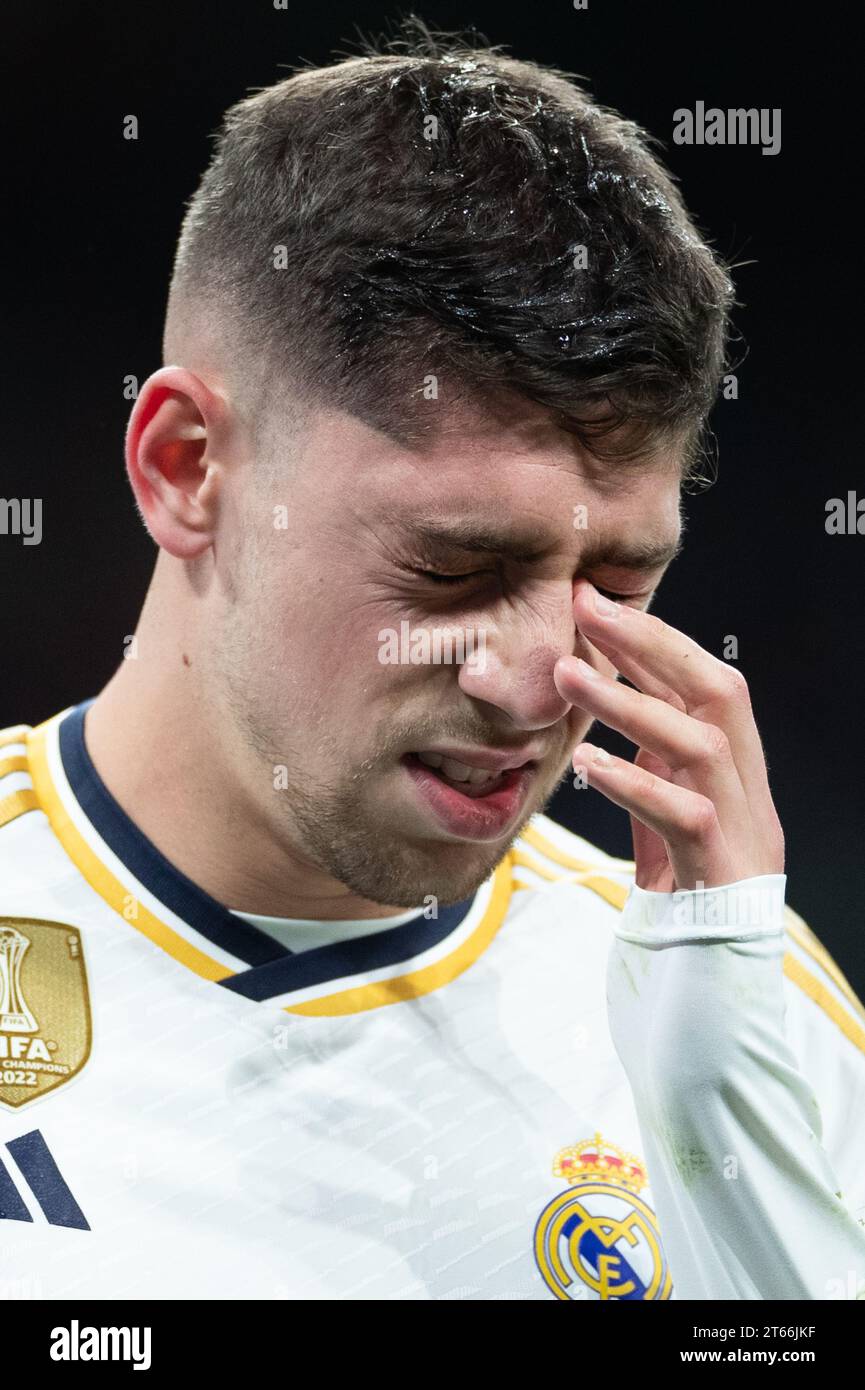 Madrid, Spain. 8th Nov, 2023. Federico Valverde of Real Madrid reacts during the UEFA Champions League Group C match between Real Madrid and SC Braga in Madrid, Spain, Nov. 8, 2023. Credit: Meng Dingbo/Xinhua/Alamy Live News Stock Photo