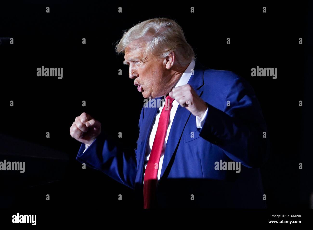 Former President Donald Trump arrives to speak at a campaign rally in Hialeah, Fla., Wednesday, Nov. 8, 2023. (AP Photo/Lynne Sladky) Stock Photo