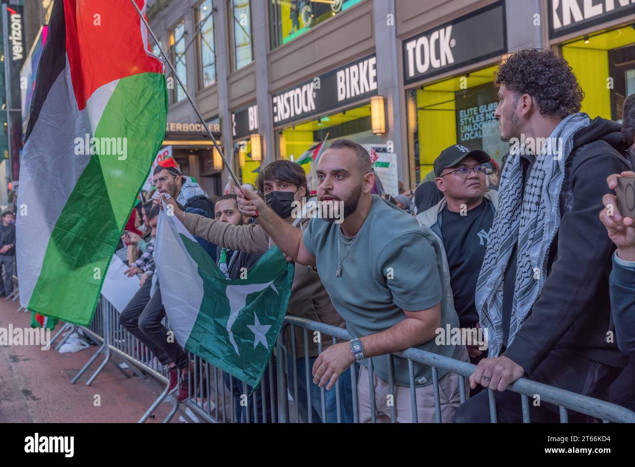 NEW YORK, N.Y. – October 13, 2023: Pro-Palestinian demonstrators rally during a protest in Manhattan. Stock Photo