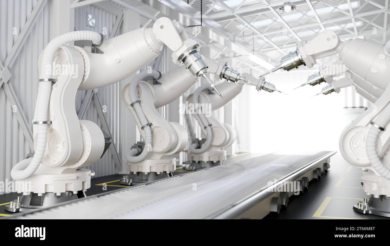 Robot arms in a production line over a conveyor belt in a modern ...