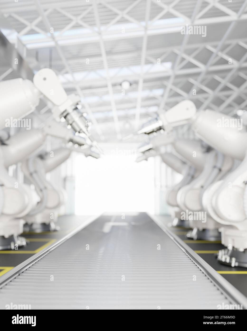 Robot arms in a production line over a conveyor belt in a modern ...
