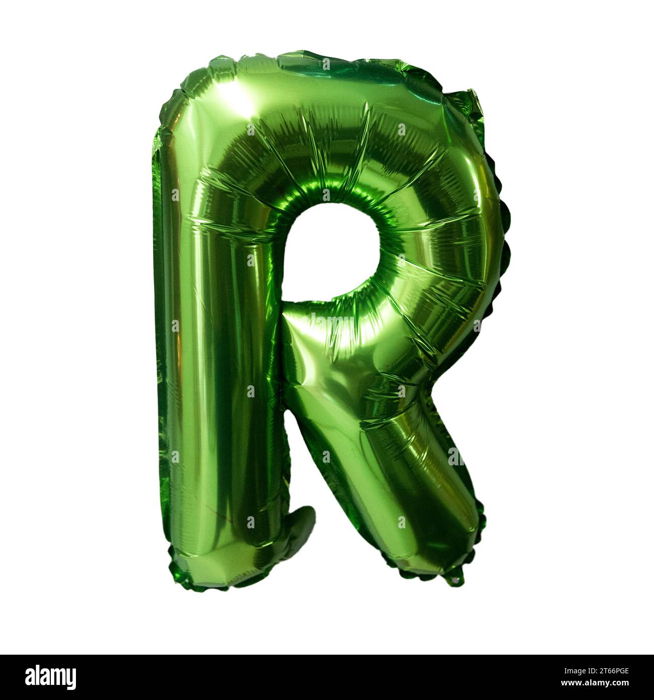 Green foil balloon alphabet R isolated on white. Birthday greeting card. Anniversary concept. Stock Photo