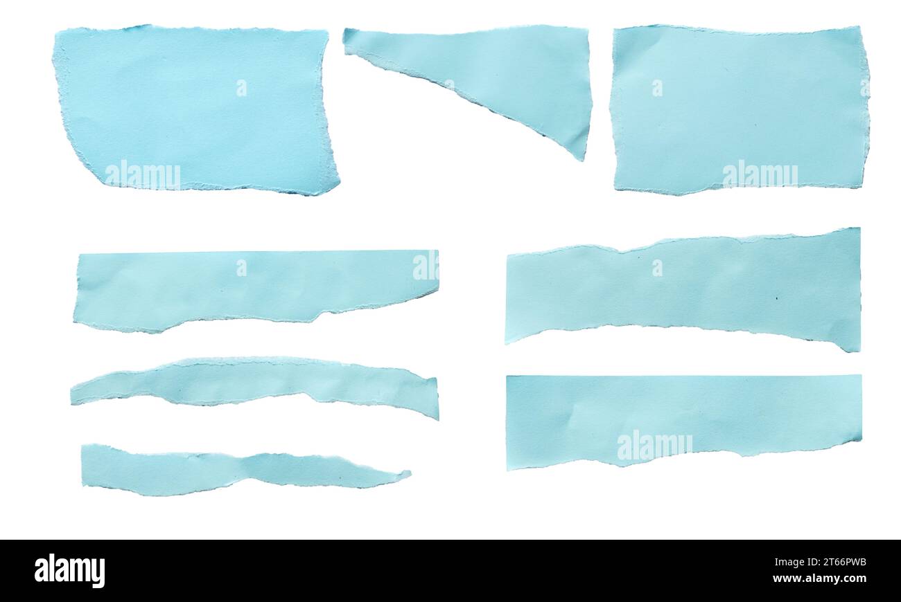 A set of blue torn or torn paper sheets. Scrapbook edge, notebook tear or blank page. Stock Photo