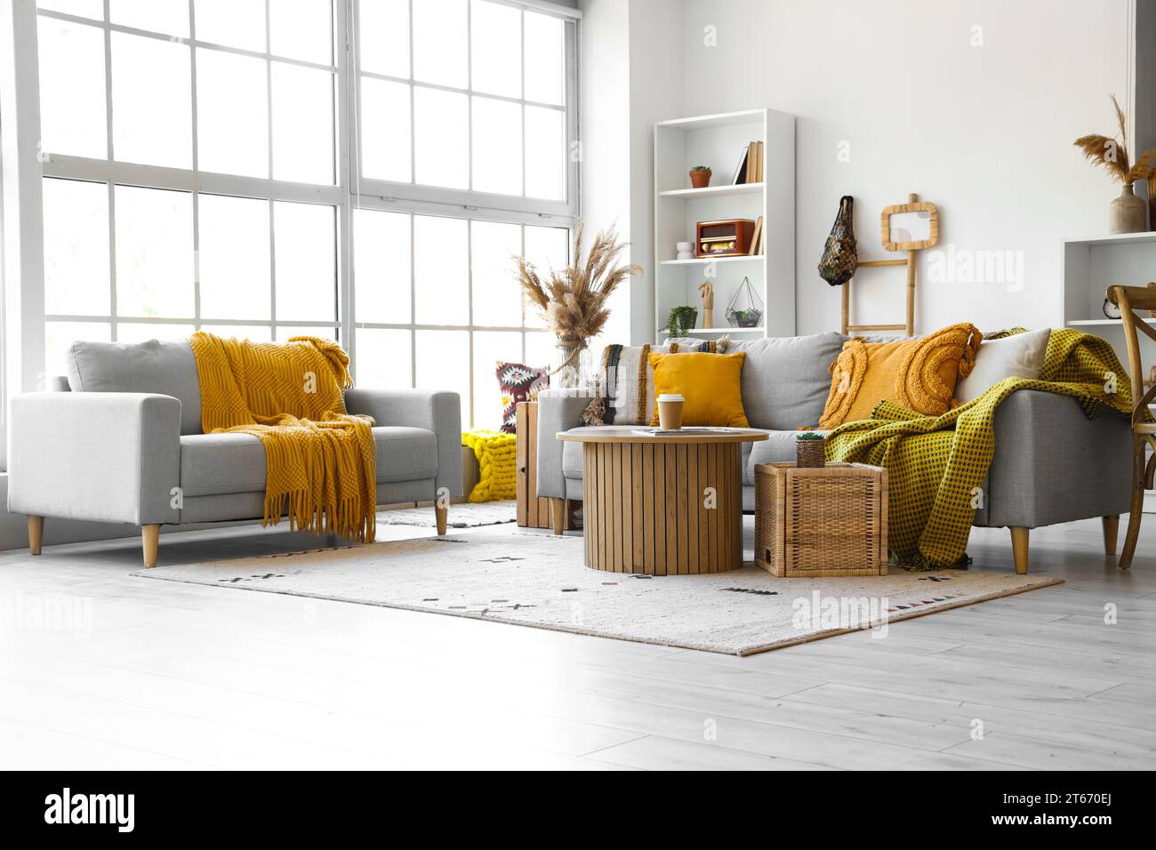 Interior of living room with grey sofas Stock Photo - Alamy