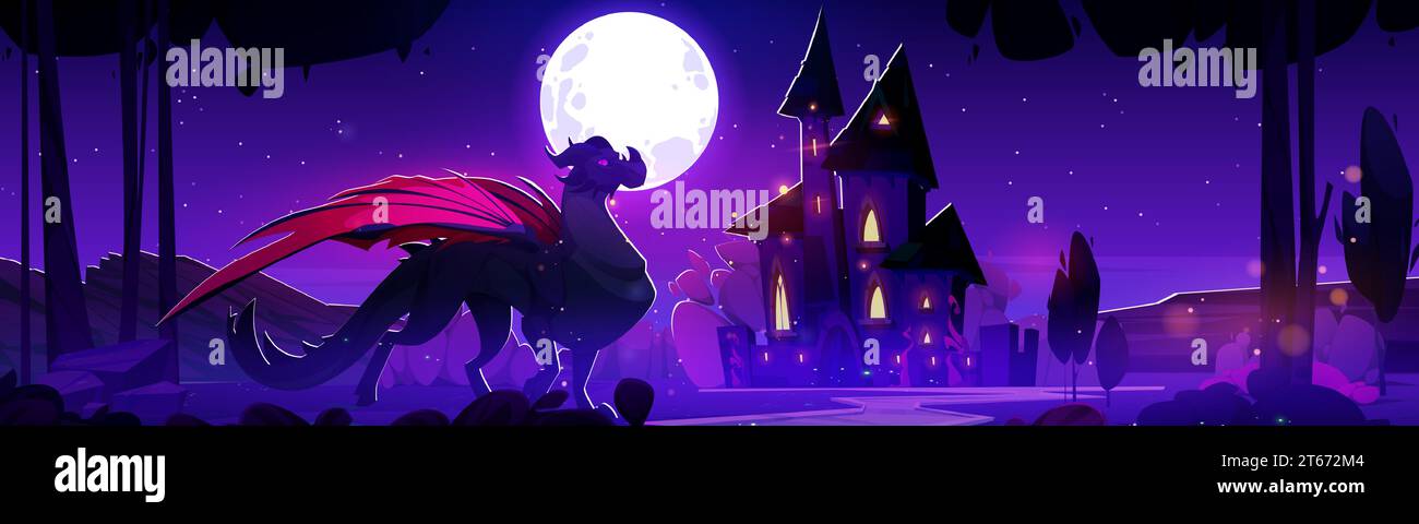 Dragon near medieval castle at night cartoon illustration. Magic fairy ...